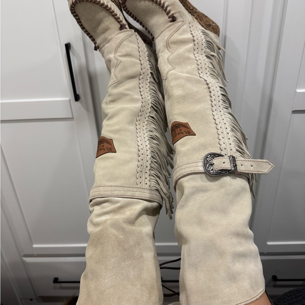 Stylish Beige Over the Knee Fringe Boots